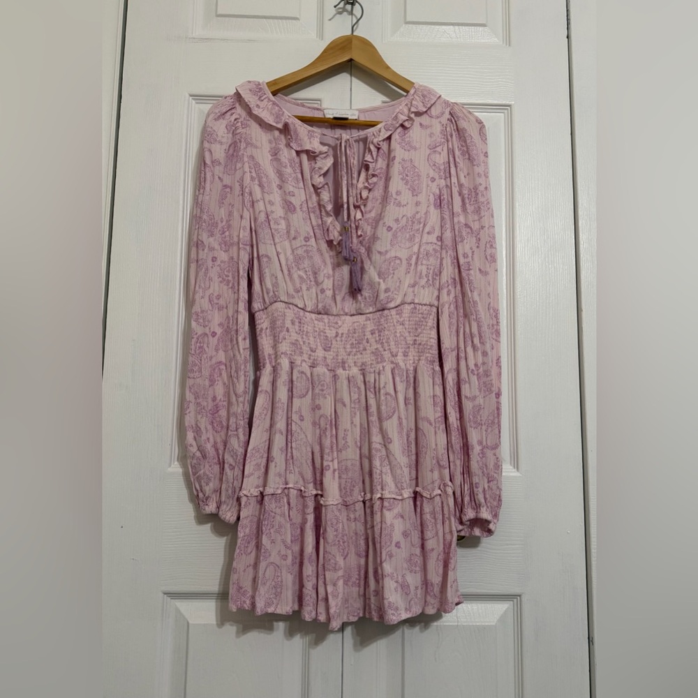 HOUSE OF HARLOW 1960 Paisley Smocked Mini Dress S Pink Purple Ruffle Bohemian